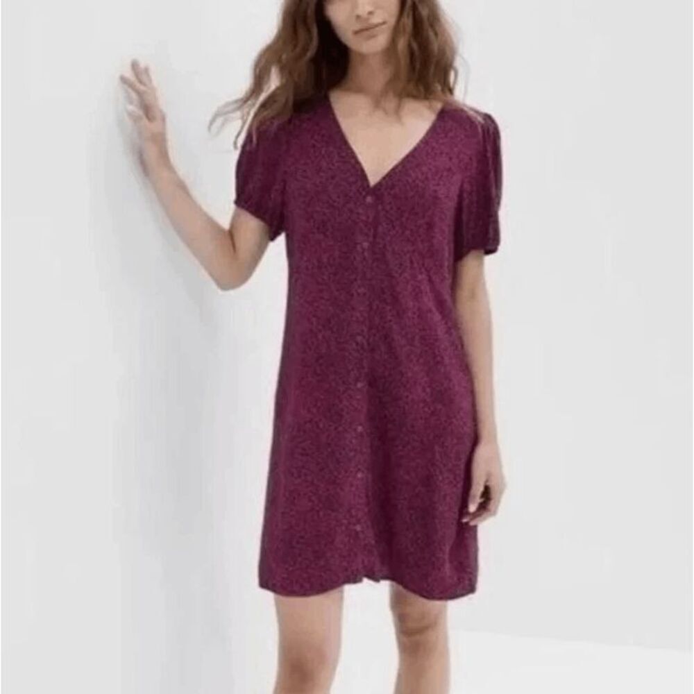 GAP Puff Sleeve Print Mini Dress Button Front Black Pink Shirtdress Size‎ XSP